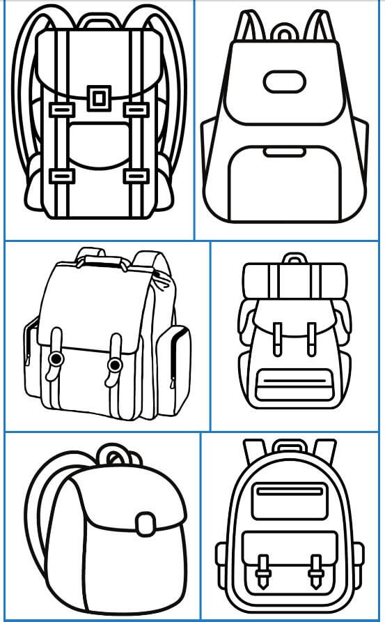 Tranh tô màu đồ dùng học tập với nhiều chiếc cặp cần được tô màu