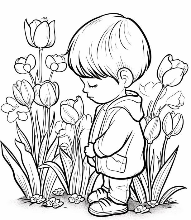 Câu bé yêu hoa tulip cần được tô màu