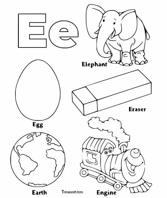 Hướng dẫn tô màu chữ E với các đồ vật bắt đầu bằng E tiếng anh