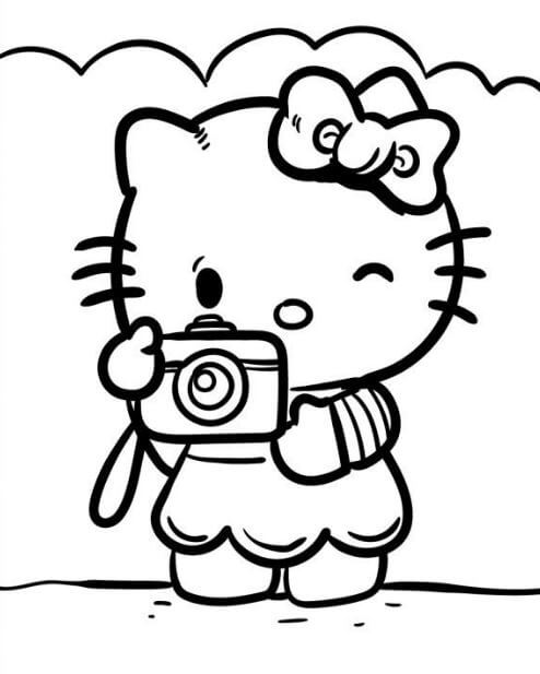 Download tranh tô màu hello kitty đang chụp ảnh