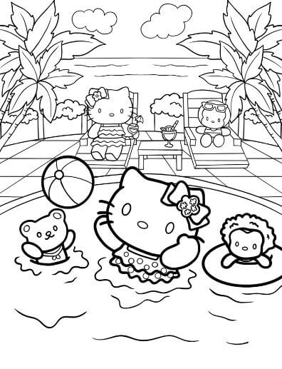 Tranh tô màu hello kitty and friends – đang đi tắm