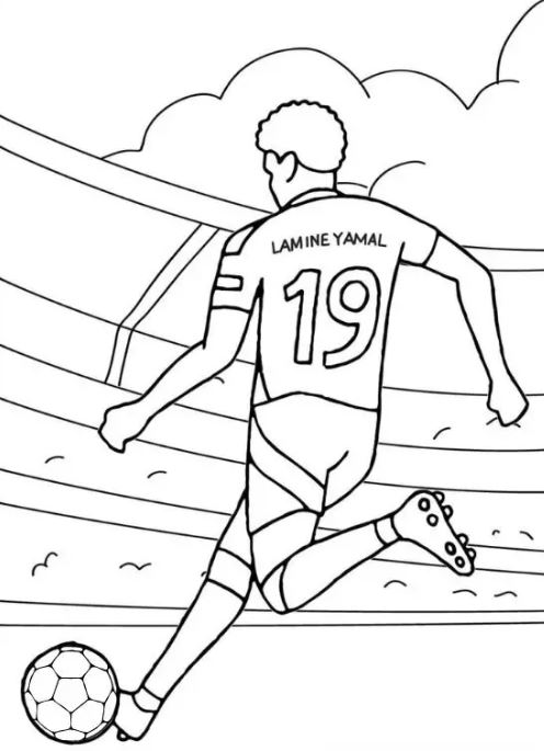 Tranh tô màu Lamine Yamal - cầu thủ trẻ xuất sắc nhất 2024 37 Tranh tô màu Lamine Yamal đang sút bóng